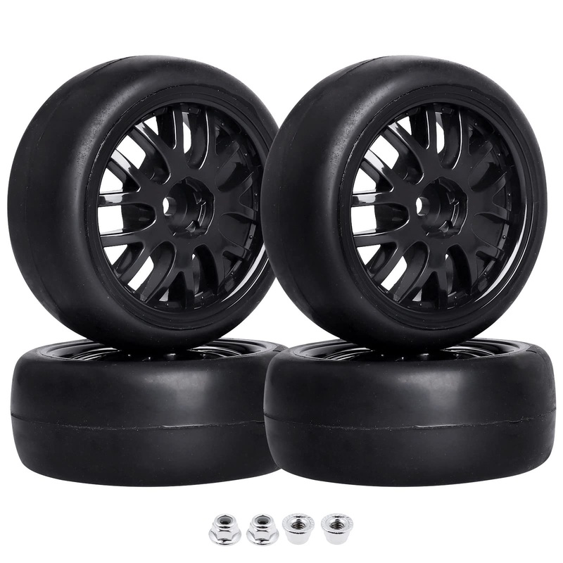 CrazyHobby Pre-Glued OD 2.56” 12mm Hex Wheels Rims & Rubber Tires 26mm for 1/10 Scale On Road Racing Car Drift RC Touring Car,