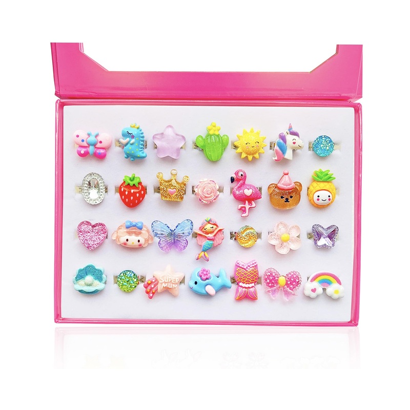 ELEMIRSA 28pcs Little Girl Rings, Princess Game Pretend Play & Dress Up Jewel Rings Set, Multicolored, Adjustable, Female, 4-12