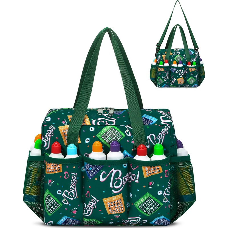 FOKDUVB Bingo Bag with Pockets for Daubers Dabbers Dobbers Dotters Casino Bingo Game Accessories for Adults Seniors Green