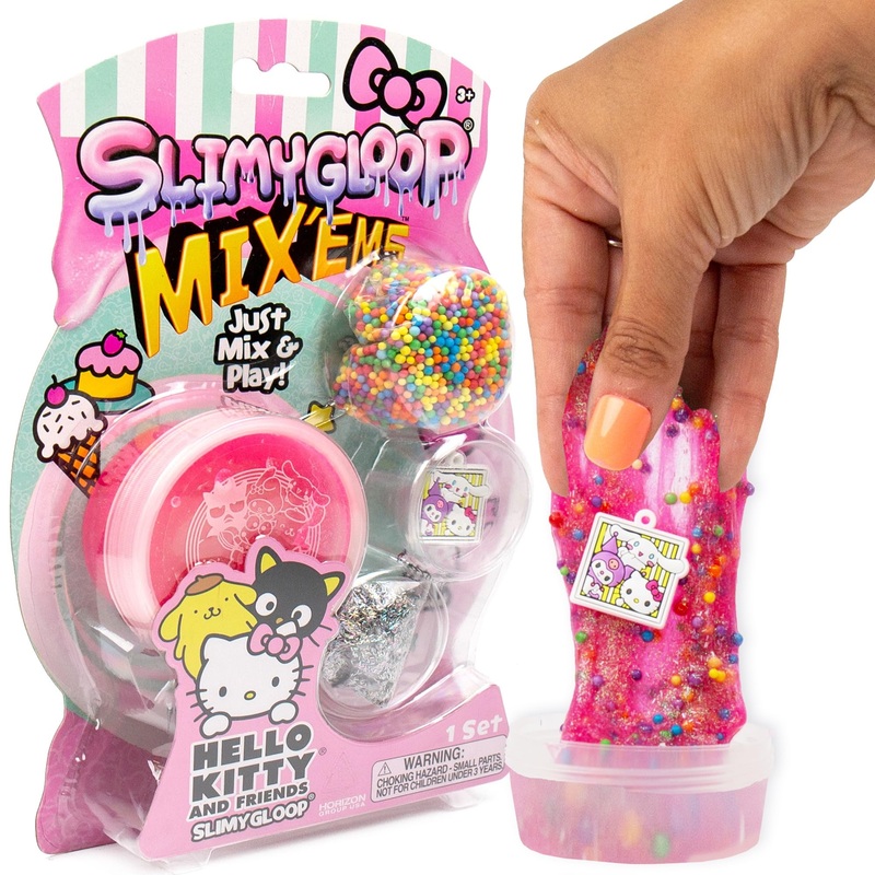 Hello Kitty and Friends SLIMYGLOOP Mix’EMS, Pink Glitter Slime, Collectible Charm, Fun Slime Add-Ins, Party Favors for Kids 8-12