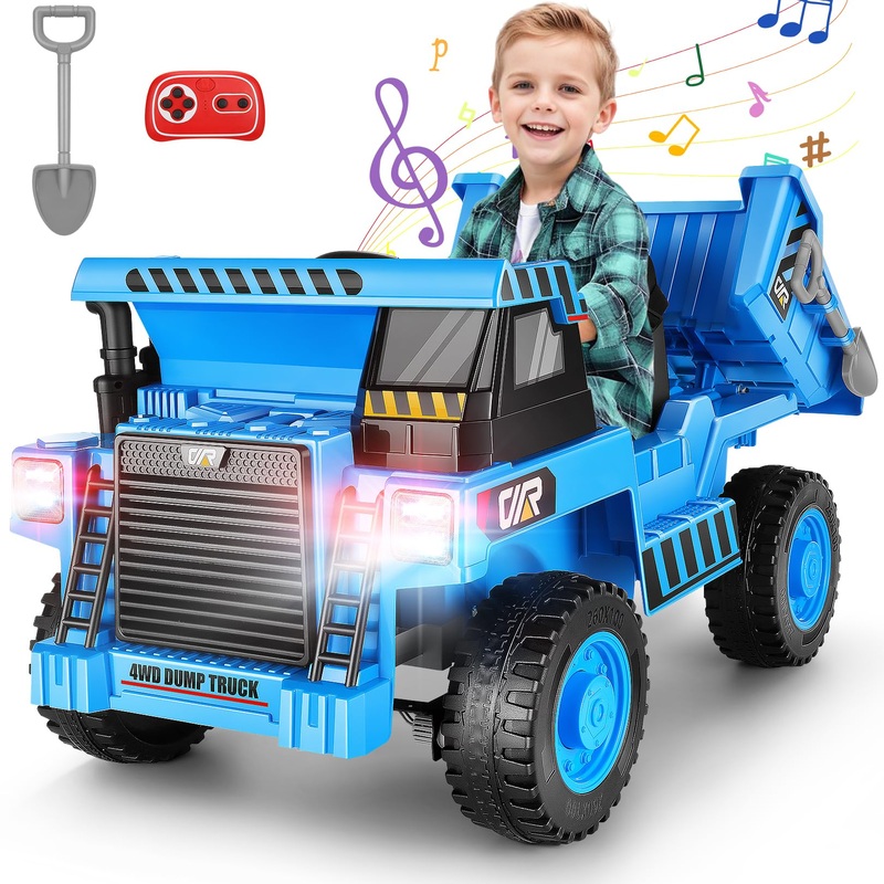 Hikole Kids Ride on Dump Truck with Remote Control, 12V 4WD Power Car Wheel with Dump Bed, Shovel, Bluetooth, Music Player, Ride