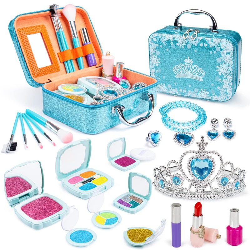 KIDCHEER Kids Makeup Kit for Girls Pretend Play Make up Gift Princess Toys for Kids with Storage Bag,Blue