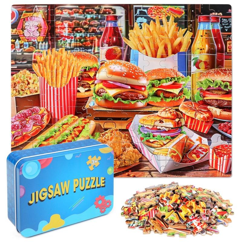 LELEMON Hamburger Jigsaw Puzzles in a Metal Box 100 Pieces Hamburger Fried Chicken French Fries Jigsaw Puzzle for Kids Ages 4-8
