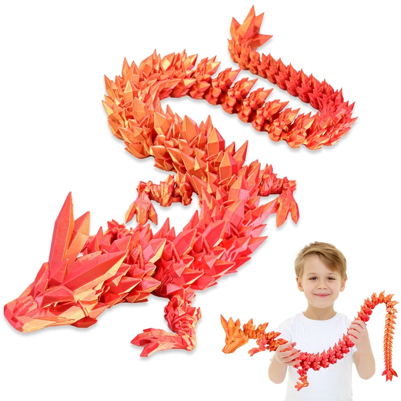 LOCYFENS Large 30” 3D Printed Dragon, Articulated 3D Dragon Toys, Long Crystal Dragon Red Gold