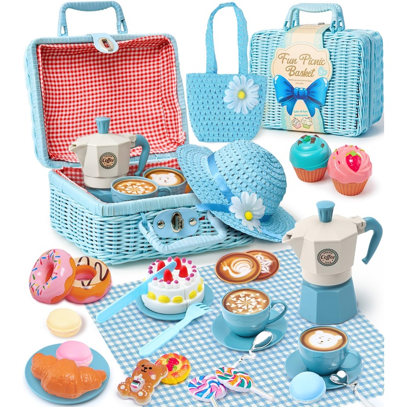 Lorfancy 32 Pcs Toddler Tea Party Set Little Girls Kids Pretend Play Coffee Playset Toys with Picnic Basket Hat Play Food Desser