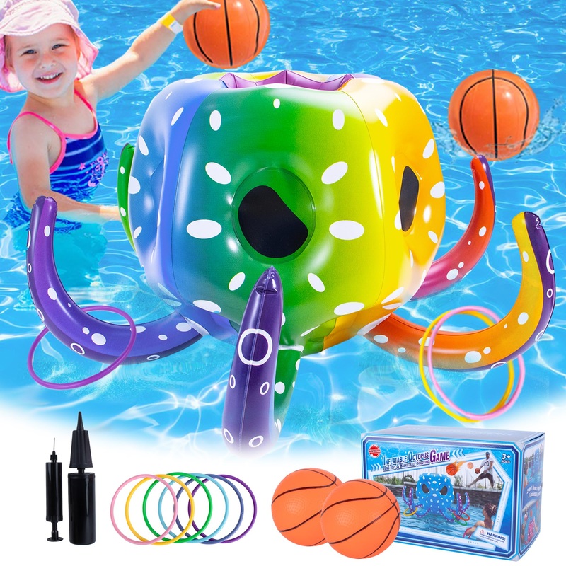 Octopus 2-in-1 Inflatable Pool Basketball Hoop & Ring Toss, Toddler Floating Toys, Pool Games for Indoor & Outdoor Water Play, S