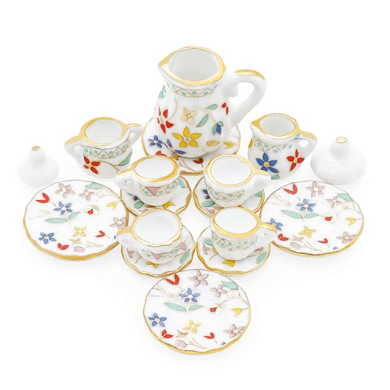 Odoria 1/12 Miniature Porcelain Tea Set 15Pcs Dollhouse Decoration Accessories, Blossom