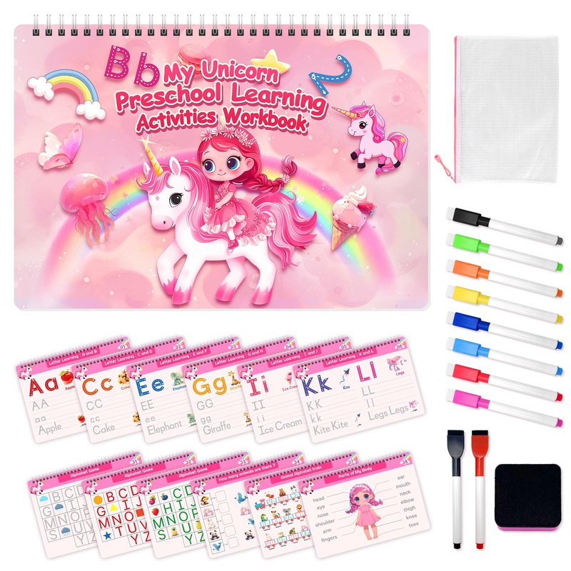 Preschool Learning Activities Workbook,Unicorn Tracing Books for Kids, Pre K Toddler Writing Practice Learning Resources, Montes