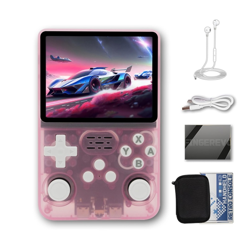 R36S Handheld Game Console 3.5-in 640*480 IPS OCA Screen 3200mAh Opensource System RK3326 Pink Transparent