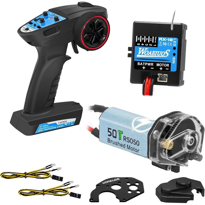 WOAEIUOS 2 in 1 ESC & Receiver 3CH 2.4G RC Transmitter Remote Controller with 050 50T Brushed Motor Transmission Gearbox Combo (