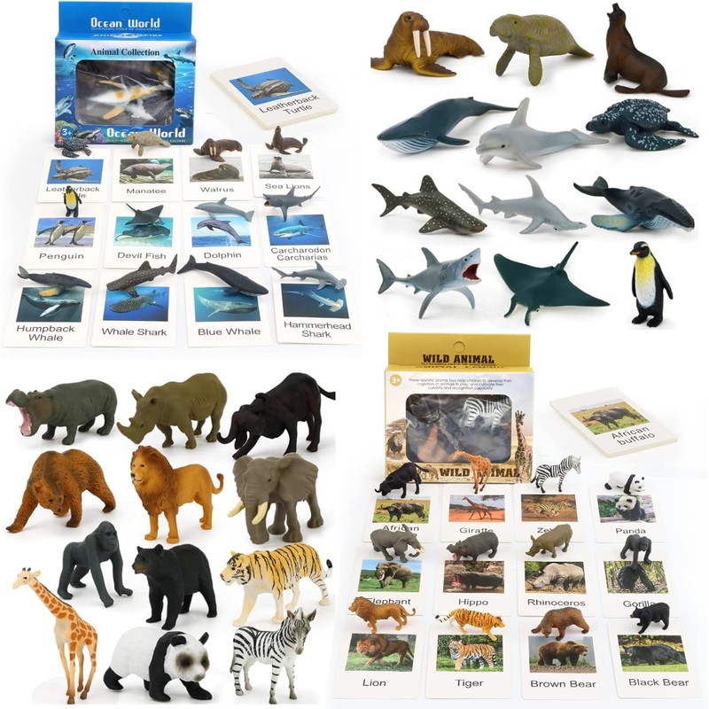 24 Animal Figurines – Educational Toys with Matching Flash Cards for Kids (Zoo & Sea Animals)