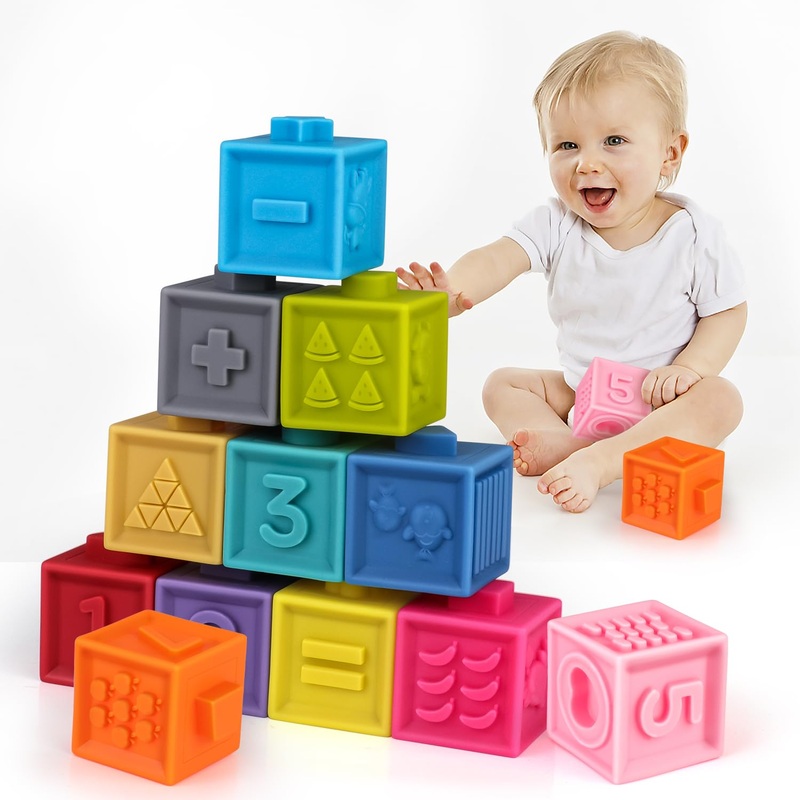 Amy&Benton Soft Baby Rubber Stacking Block 1 Year Old Toddler Silicone Building Blocks for 6 12 18 Months Infant Teething Blocks
