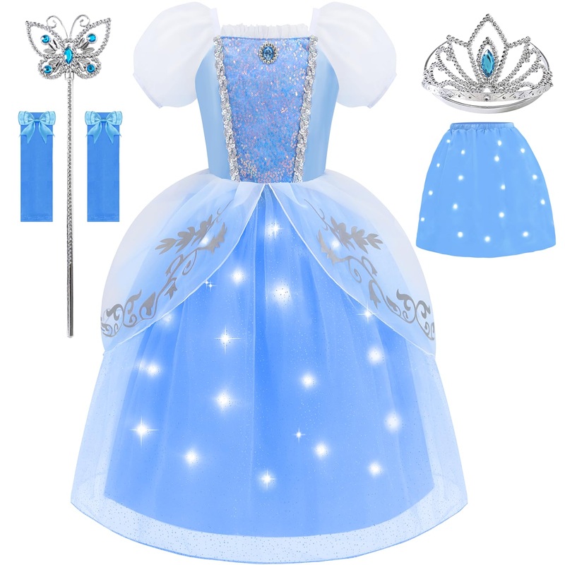 Aolliya Cinderella Light Up Dress for Girls Blue Princess Costumes Fancy Dress Up for Halloween Cosplay Carnival
