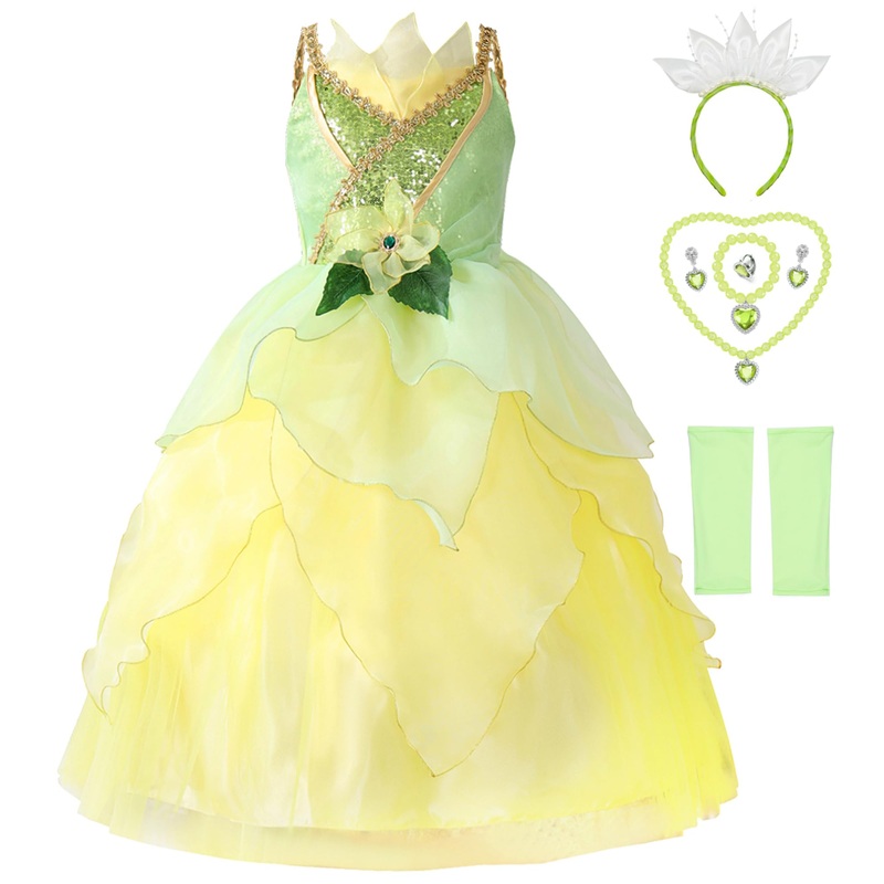 Axaxa Princess Tiana Costume for Girls Princess Tiana Dress Princess and the Frog Costume with Accessories