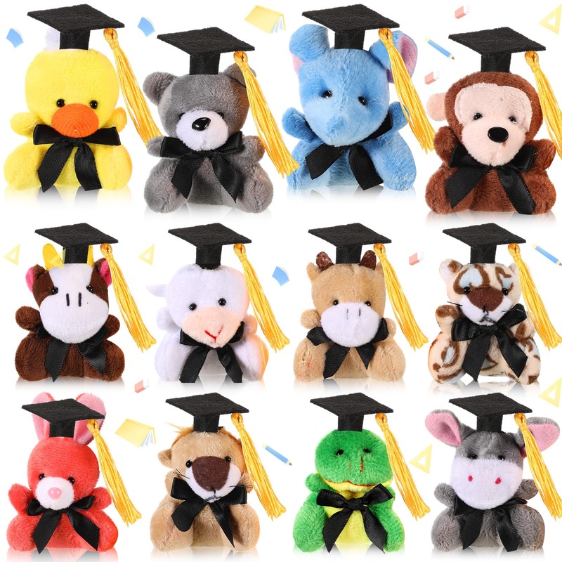 Blueweenly 12 Pcs 2025 Grad Stuffed Animal Bulk Mini Graduation Plush Animal Toy with Cap Class of 2025 Stuffed Bear Keychain fo