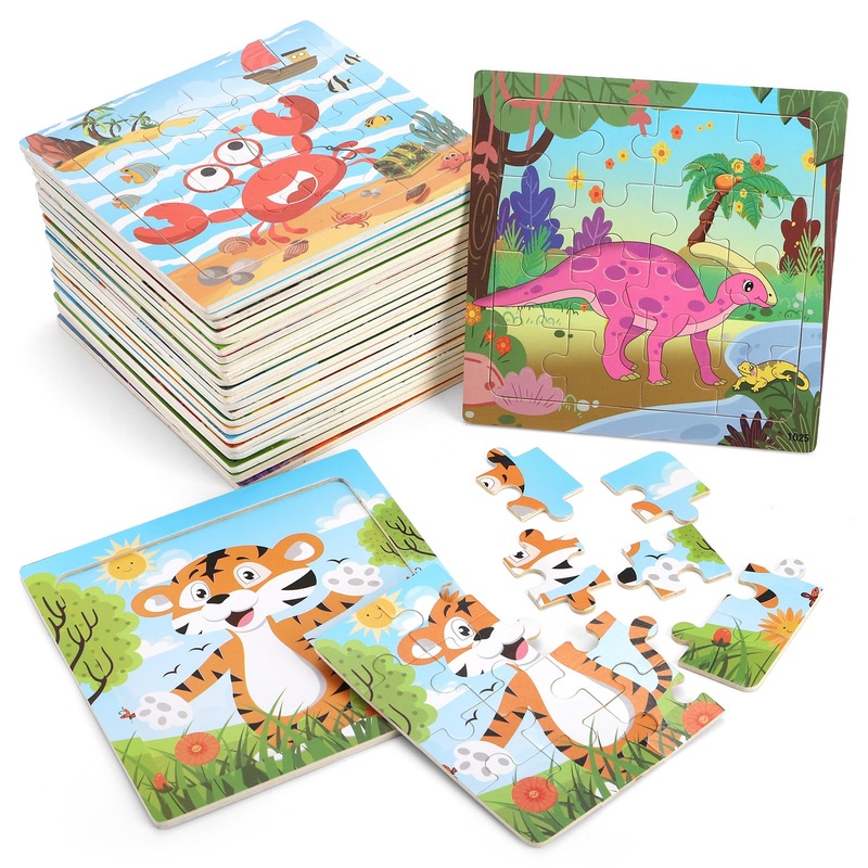 DEAYOU 24 Pack Puzzles for Kids Ages 3-5, 16 Pieces Wooden Animals Jigsaw Puzzles for Toddlers, Preschool Educational Learning P