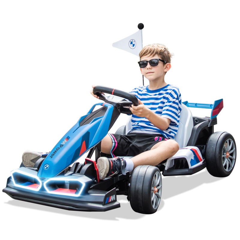 FORESEE 36V Licensed BMW Kids Electric Go Kart with Adjustable Seat, 7.5 MPH Drifting Car Battery Powered Ride On Go Kart with L