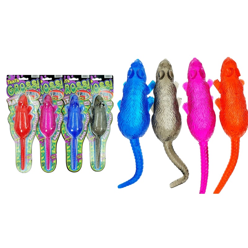 JA-RU Sticky Stretchy Rubber Rat Toys (4 Rats) Squishy Sticky Fidget Toys for Kids. Funny Halloween Pranks, Joke, & Gag Gift. An