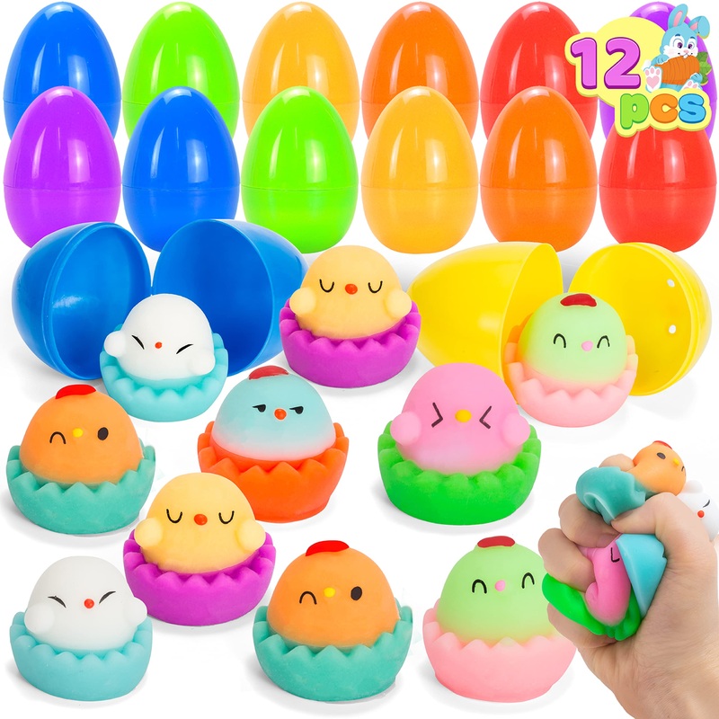 JOYIN 12 Pcs Prefilled Easter Eggs with Toys, Chick Stress Relief Eggs Squishy Toy Cute Chicken Mochi for Easter Theme Party Fav