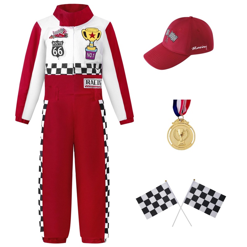 Kosgraiy Race Car Driver Costume Kid,Boy And Girl Racer Jumpsuit With Peaked Cap,Toddler Racing Costume Halloween,Red,S/120