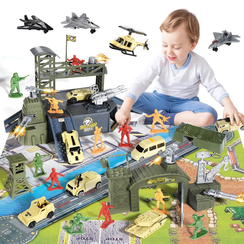 LOVE LIFE 62 Pieces Military Base Set Army Men Toy Mini Action Figures Playset with Vehicles,Soldiers and Play Map Birthday Gift