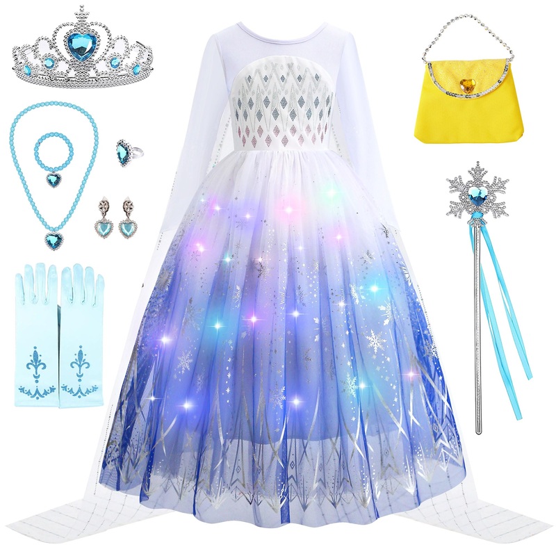 LURLEEZ Elsa Costume For Girls, Light Up Princess Elsa Dress For Toddler Girl 3-8 Frozen Elsa Dress For Birthday Role Play