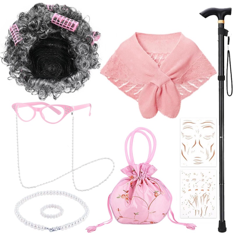 Matiniy 100th Day of School Old Lady Costume Grandma with Glasses Necklace Wig Granny Cane Set for School Event (Style3)