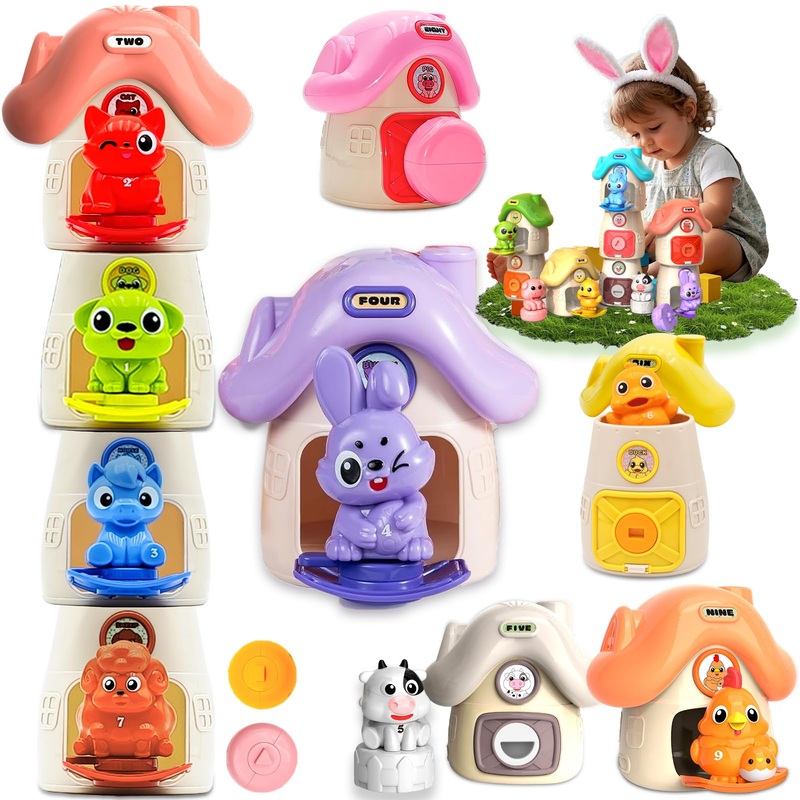 Montessori Learning Toys for Toddlers 1 2 3 Years Old, Farm Animals and Stacking Barn Set for Baby Boy Girl Birthday, Number Mat