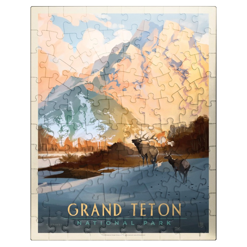MyPuzzle Grand Teton National Park: Winter Hush, Vintage Poster – Premium 100 Piece Jigsaw Puzzle for Adults