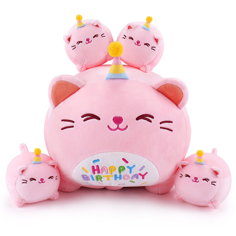 Pink Birthday Cat Plush, 5 PCS Cat Plush Stuffed Animal Family, 16” Pink Cat Mommy White Cat with 4 Baby Kittens Cat Plushies,K