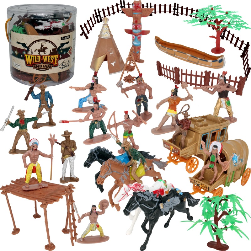 PowerTRC 58 Pcs Wild West Cowboys and Indians Plastic Figures Toys Play Set, Toy Figure Action Soldiers and Native American Acce