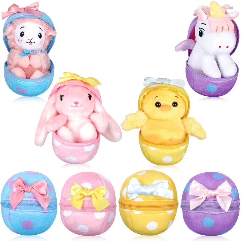 Skylety 4 Packs Easter Egg Stuffed Animals 6 Inch Easter Eggs Filled with Llama Unicorn Chick Rabbit Plush Inside for Easter Bas
