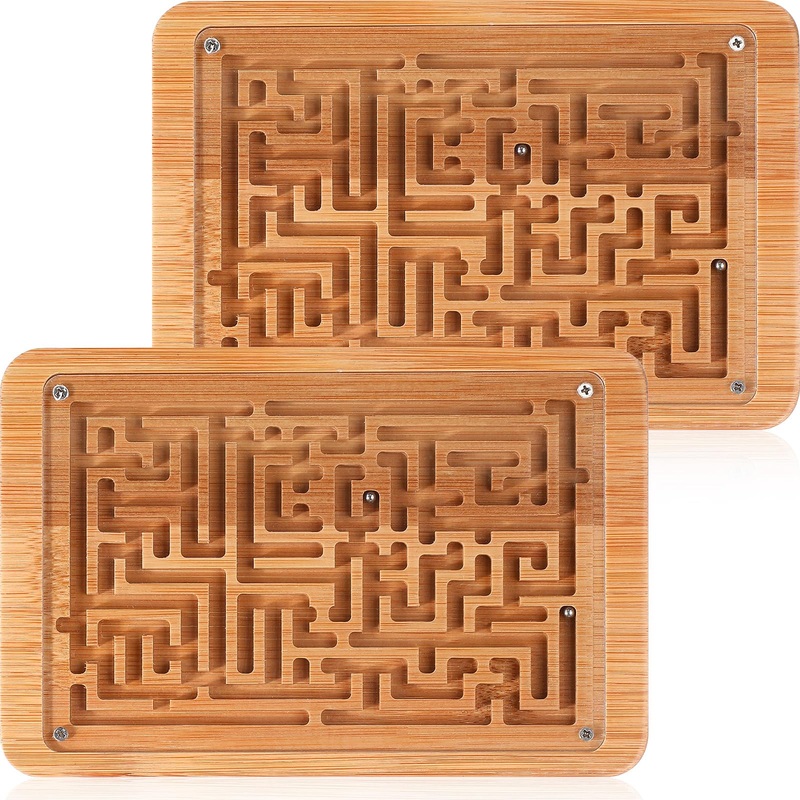 Syhood 2 Pack Wooden Labyrinth Game Marble Maze with Steel Marble, Brain Puzzle Logic Rectangular Challenging Labyrinth Board Ga