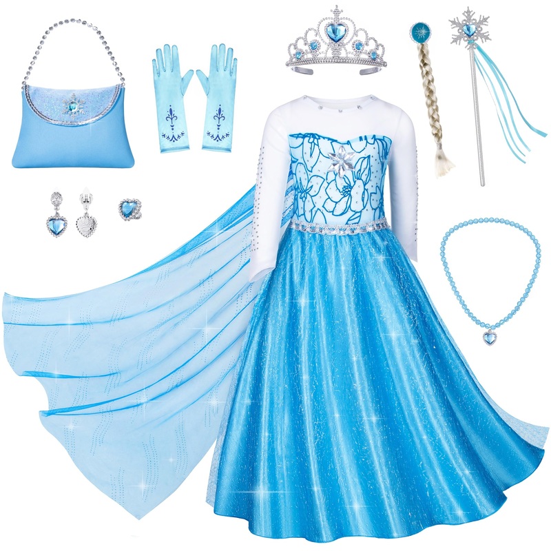 Topney Blue Princess Costumes for Little Girls Birthday Party Dress Up with Handbag Wig,Crown,Mace,Gloves Accessories 4T 5T