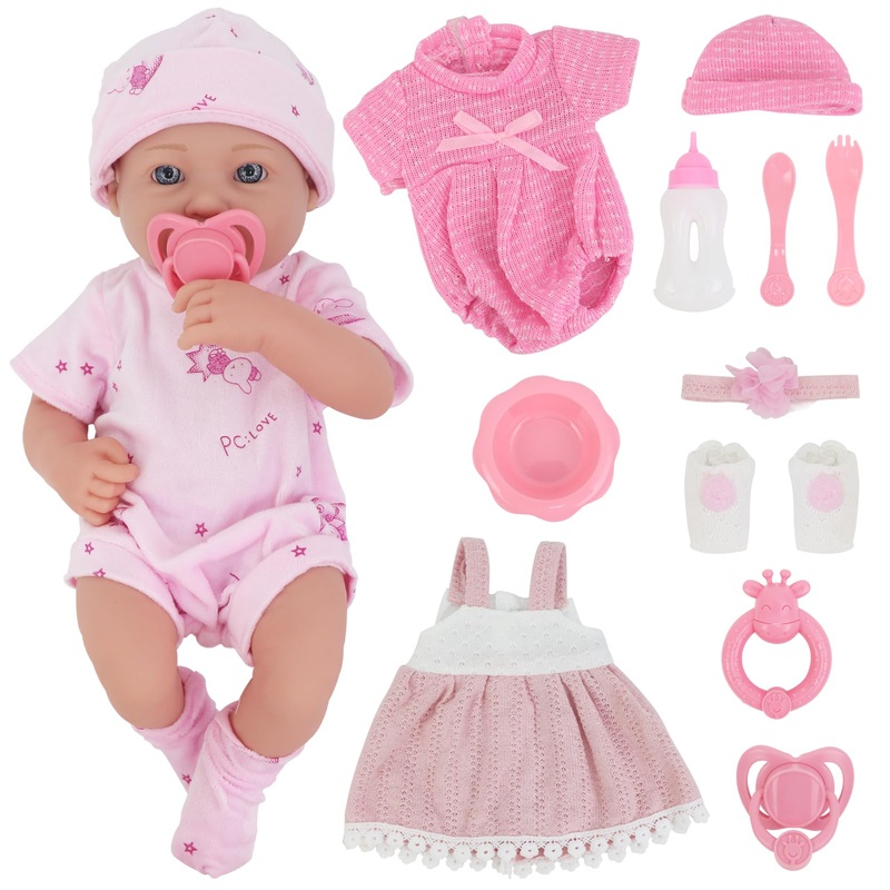 UNICORN ELEMENT 14 Inch Baby Doll and Doll Clothes Accessories Set, Reborn Vinyl Body Baby Doll Playset with Hat, Socks, Bottle,