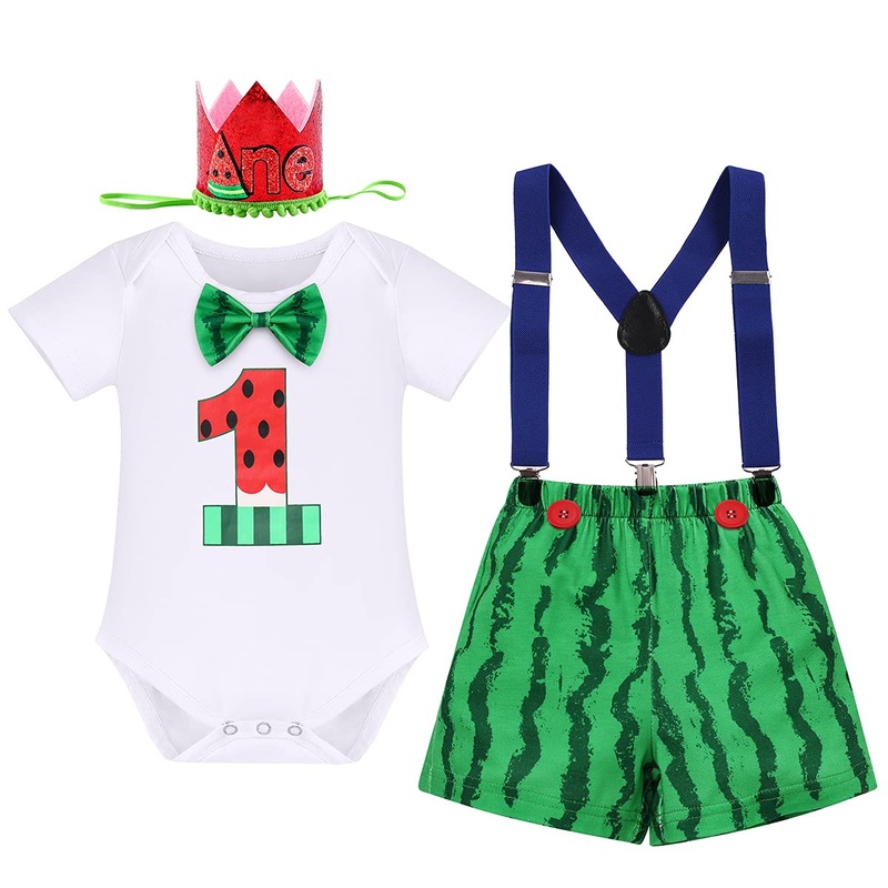 Watermelon 1st Birthday Outfit Baby Boy Cake Smash One in a Melon Outfits Bowtie Romper Bloomers Shorts Pants Suspenders Headban