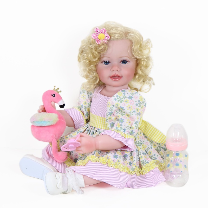 WAWA-HAOKEAI Toddler Girl -22 inch with Flamingo Plush and 3D Painted Skin Visible Veins and Soft Full Vinyl with Rooted Hair (Y