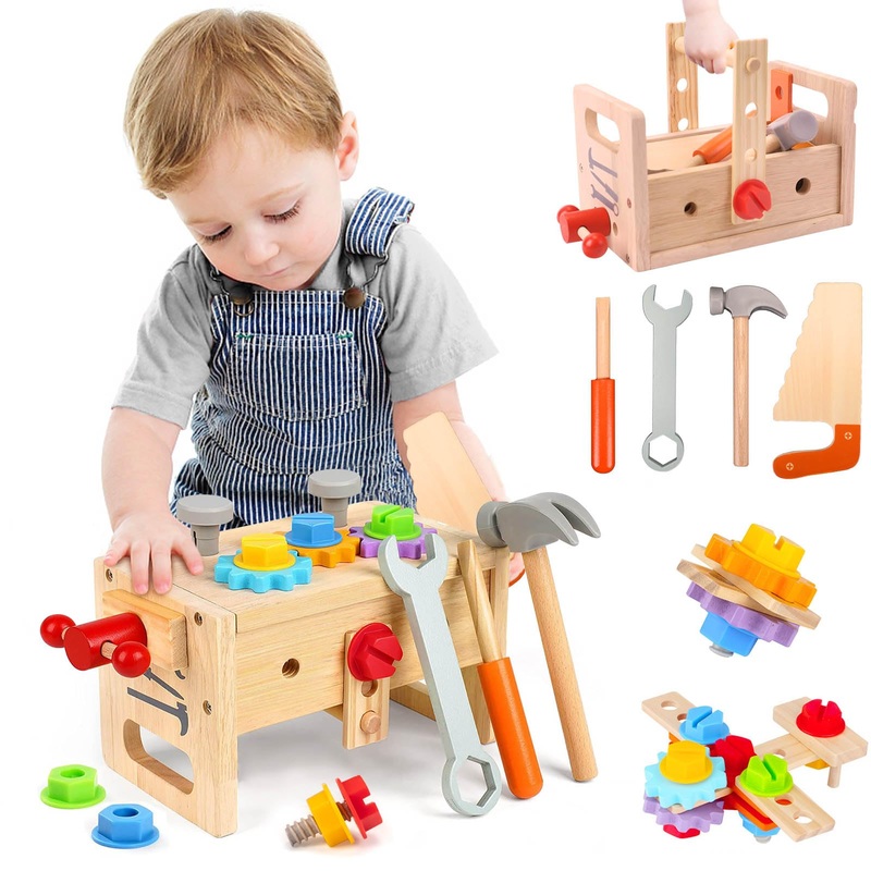 Wdmiya Wooden Toddler Tool Set, Toy Tools for Toddlers 2 3 4 Year Old and Montessori Educational STEM Toys, 29 Pcs Pretend Const