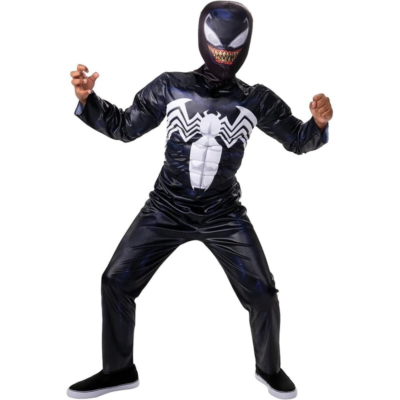 Youth Venom Marvel Spiderman Costume Muscle Padded Chest & Reflective Mask Halloween Dress Up (Black, Medium)