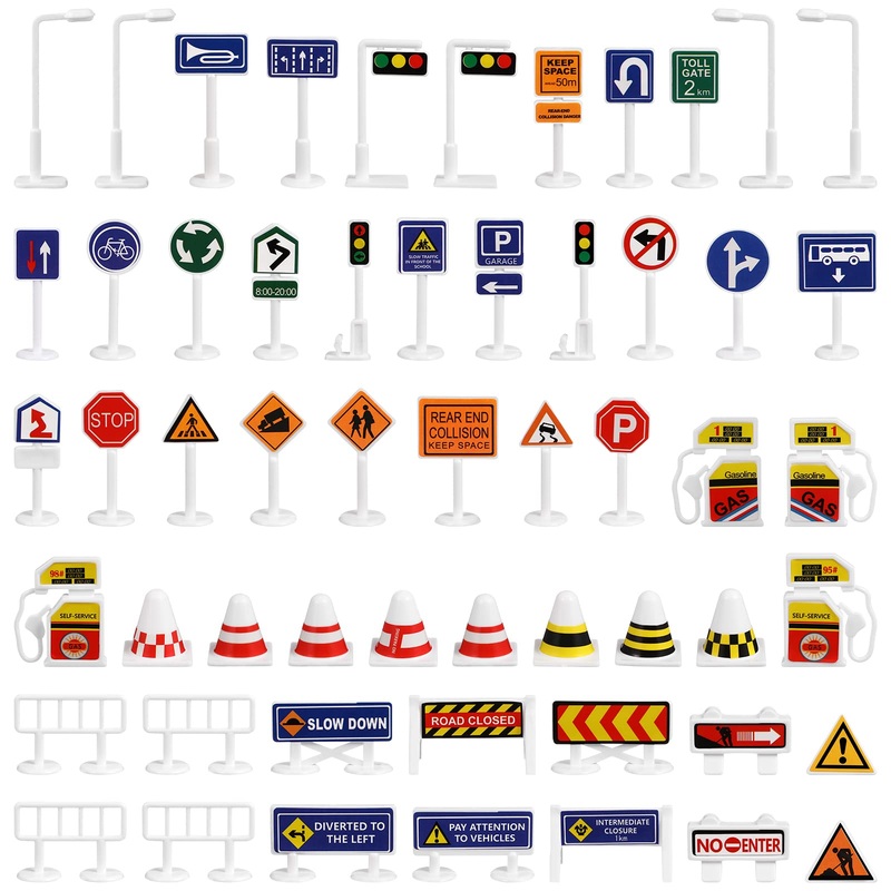 56Pcs Street Road Signs Playset Traffic Signs Playset Mini Electric Traffic Lights Toy Road Signs For Play(Mini Size)