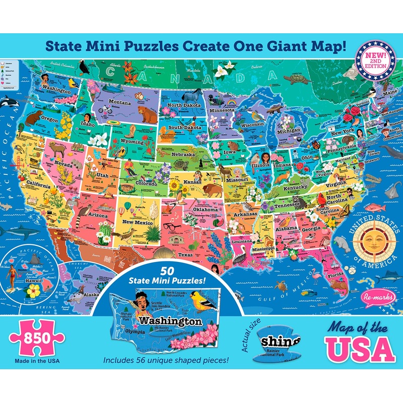 Americas 50 State Jigsaw Puzzle, Educational Usa Map With Unique State Shaped Pieces, 850 Pieces, Fun & Interactive Learning For