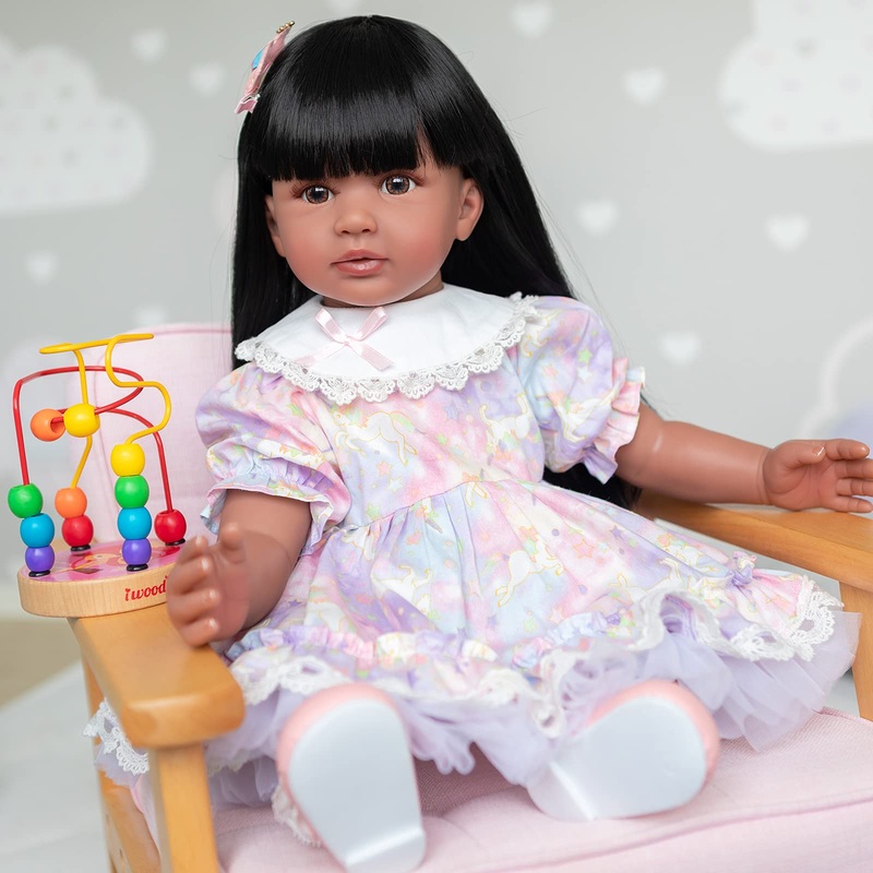 Angelbaby Reborn Toddle Doll Girl Black, 24Inch Realistic African American Reborn Baby With Black Long Hair Soft Weighted Silico