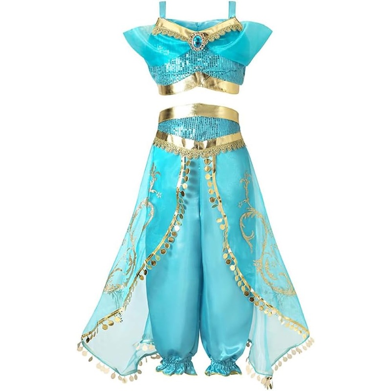 AOVCLKID Little Girls Jasmine Princess Costume Girls Movie Role Play Halloween Party Outfits(9-10 Years,Blue)