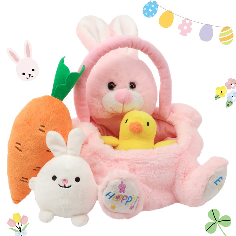 Cuteoy 4 Pcs Easter Bunny Basket Playset Rabbit Stuffed Animal Plush Toy with Carrot Chick for Girls Boys Plushies Gifts