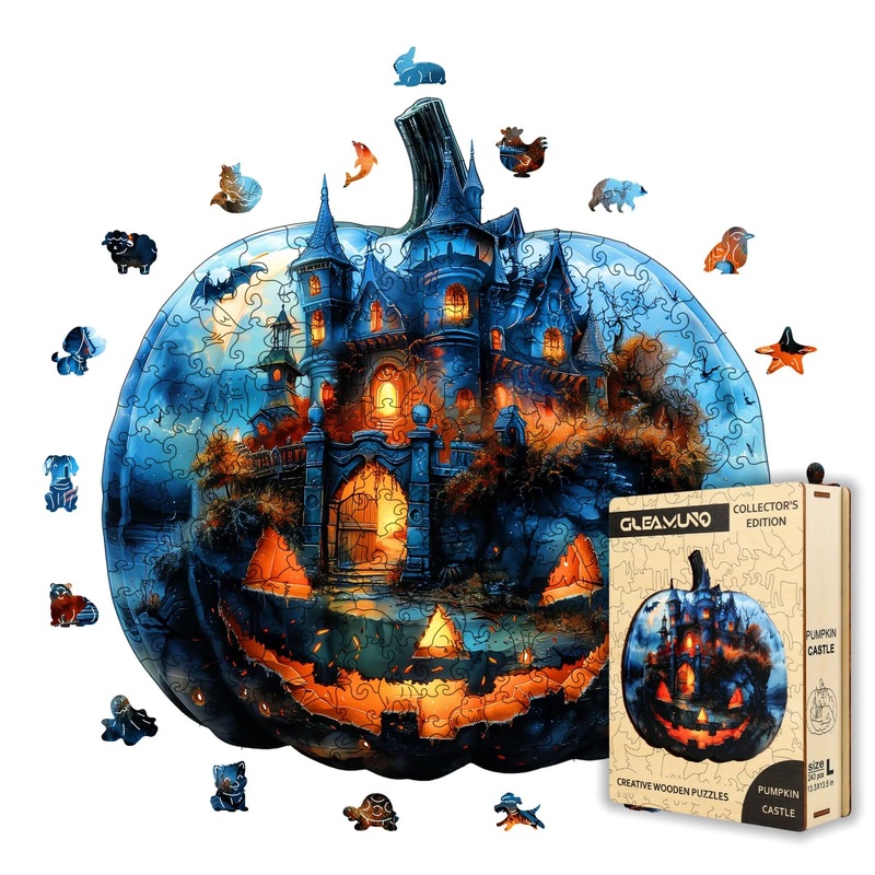 GLEAMUNO Pumpkin Castle Wooden Puzzles for Adults – 243 Pcs, 13.3” x 13.5”, Unique Shapes, Gift Packaging, Natural Materials,