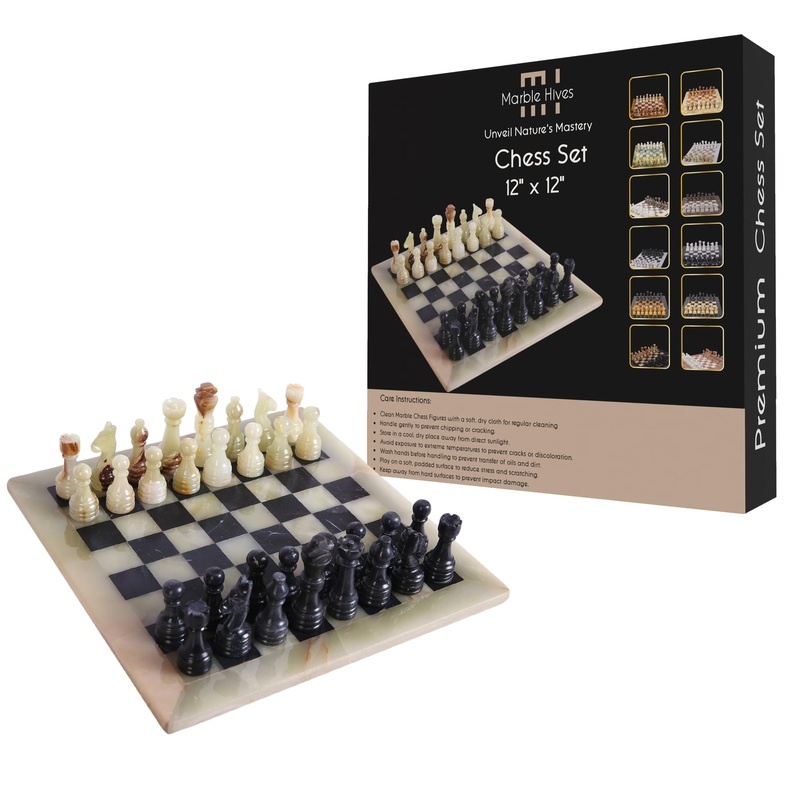 Handmade Marble Chess Set – Light Green & Black (12 x 12 Inches) – Chess Sets for Adults – Premium Quality Chess Boards – Fancy