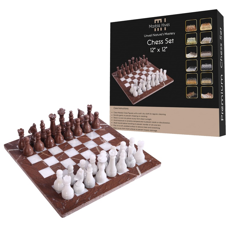 Handmade Marble Chess Set – Marina & White Ziarat (12 x 12 Inches) – Chess Sets for Adults – Premium Quality Chess Boards – Fanc