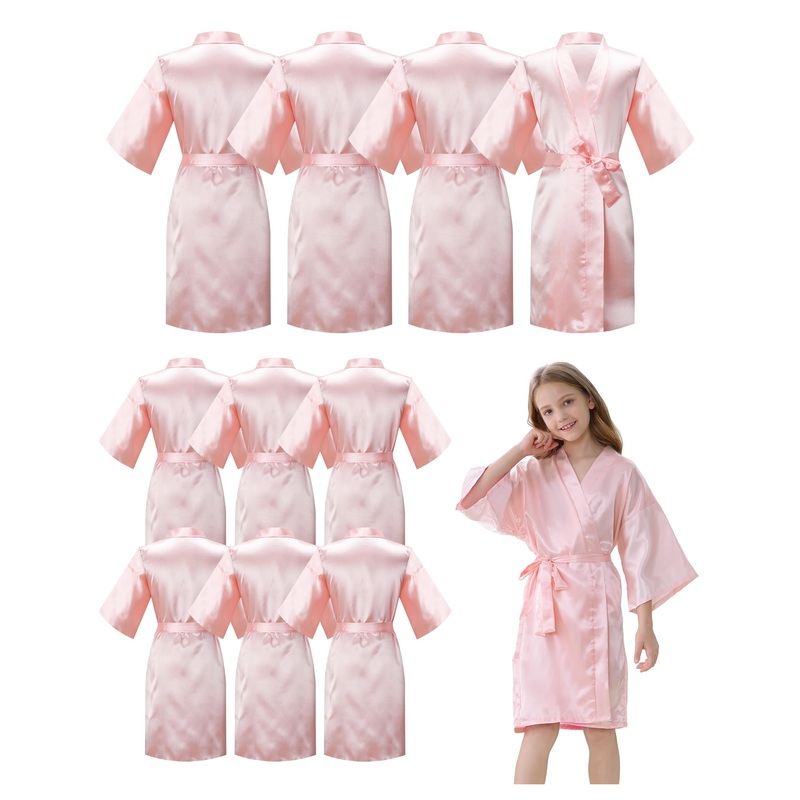 Ivrriss 10Pcs Kid Girls Spa Costume Party Robes Set Silky Plain Kimono Robes For Wedding Birthday(Light Pink,8)