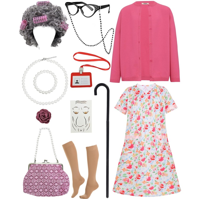 Jiobabe Old Lady Costume For Kids Girls 100 Day Of School Costume Girls Grandma Costume Kids Granny Dress With Accessories 3-5 Y