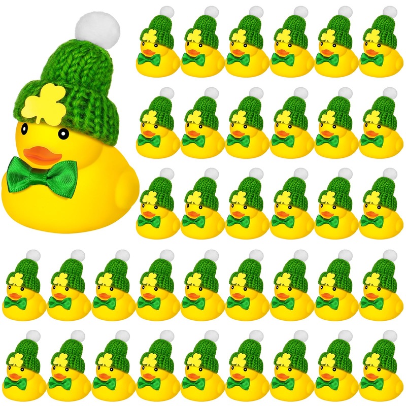 Liliful 36 Pcs St. Patrick’S Day Rubber Ducks With Hats & Bows, Small Yellow Ducks, Green Hats & Bows, Squeaky, Floating, Bath T